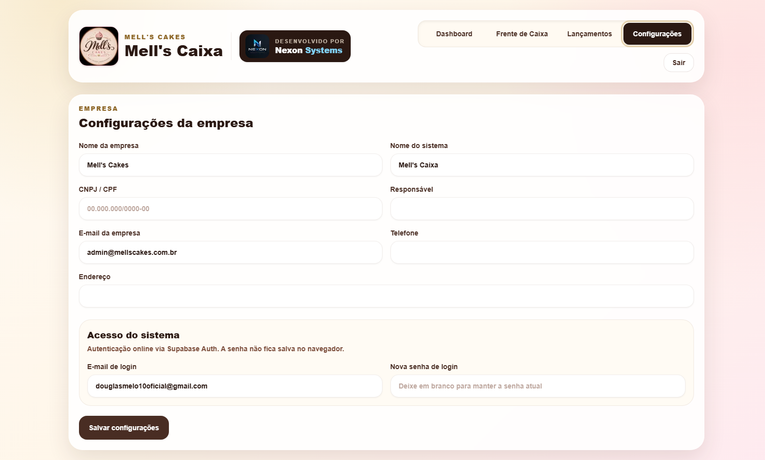 Tela de configuracoes do Mell's Caixa