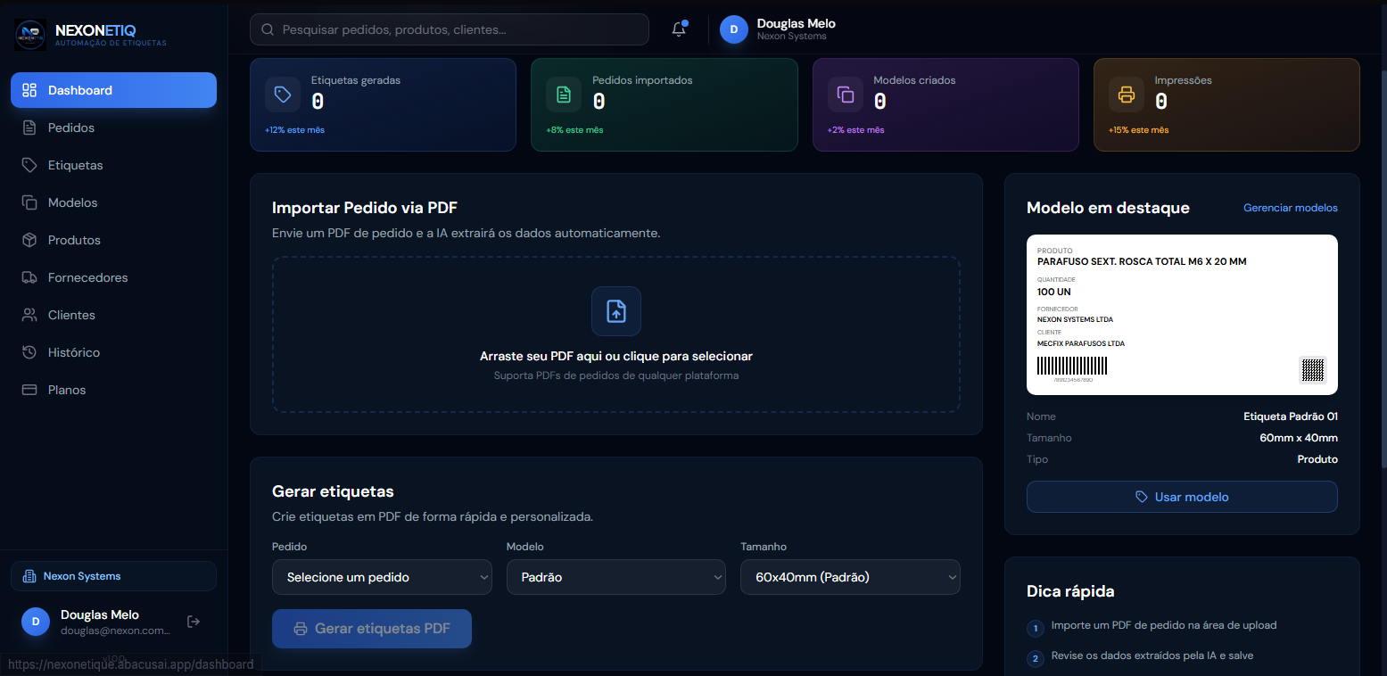 Dashboard do Nexon Etiq para importar PDF e gerar etiquetas automatizadas