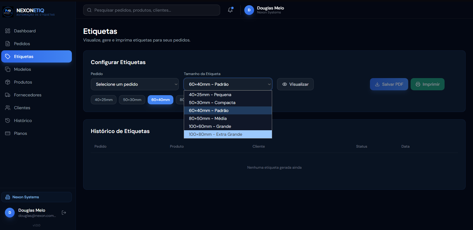 Tela de configuracao de etiquetas do Nexon Etiq